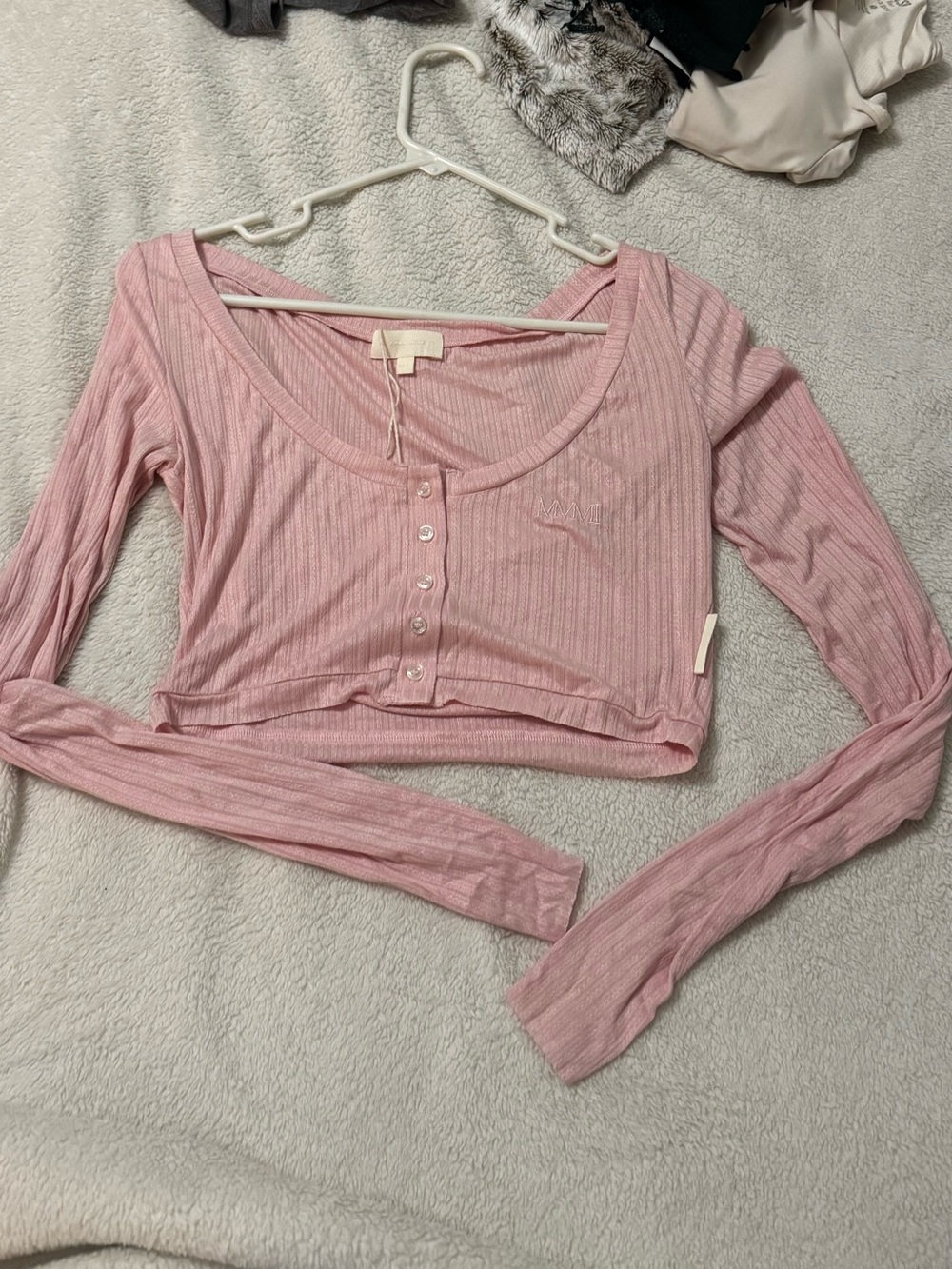 My Mum Made It Ribbed Light Pink Cropped Button-Front Long Sleeve Top